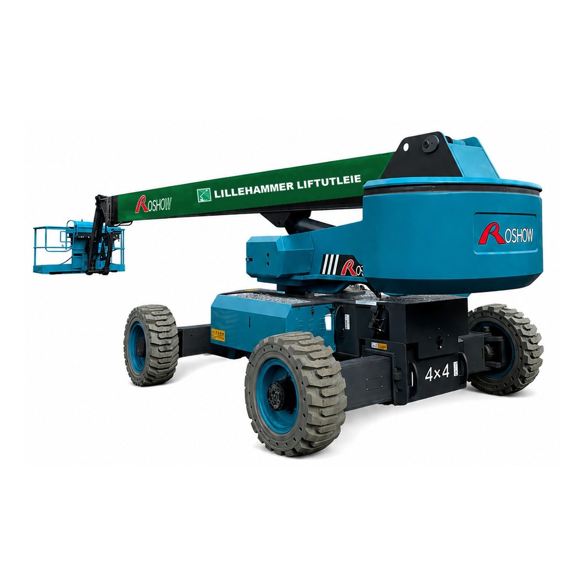 Roshow RST40E ultrabom — 40 m elektrisk bomlift med grønn bom og Lillehammer Liftutleie-logo